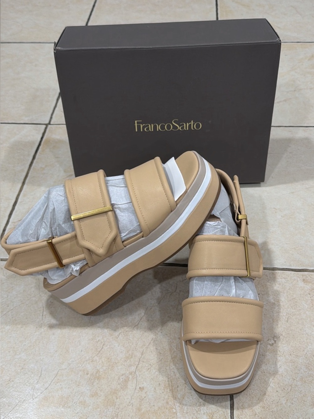 Franco Sarto Piper Beige Platform Slingback Sandals Square Toe Women's US 6.5M